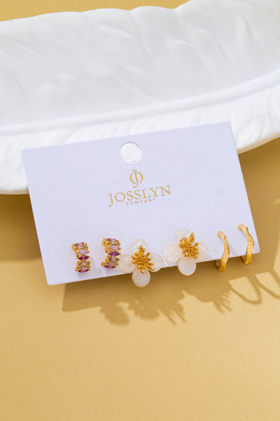 Resin Flower Crystal Gold Huggie Hoop Trio Earring Set | 80E62688