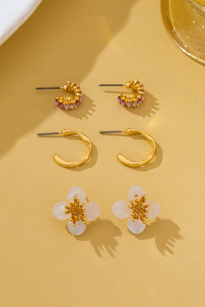 Resin Flower Crystal Gold Huggie Hoop Trio Earring Set | 80E62688