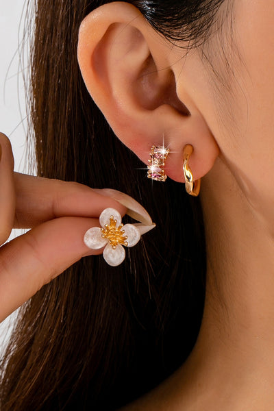 Resin Flower Crystal Gold Huggie Hoop Trio Earring Set | 80E62688