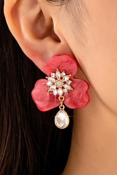 Marbled Resin Floral Rhinestone Drop Earrings | 80E62723
