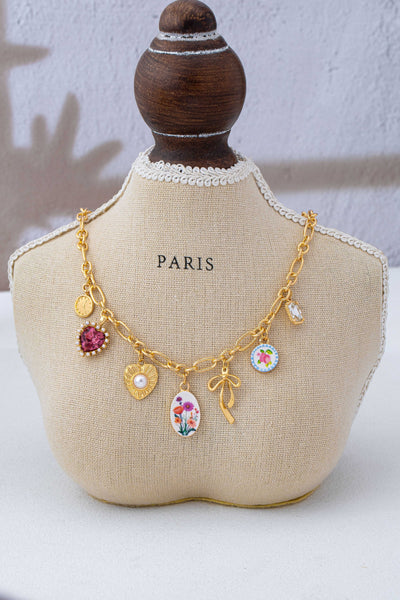 Vintage Bow Porcelain Multi-Charm Link Necklace | 80N93422