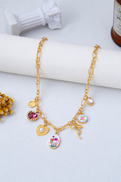 Vintage Bow Porcelain Multi-Charm Link Necklace | 80N93422