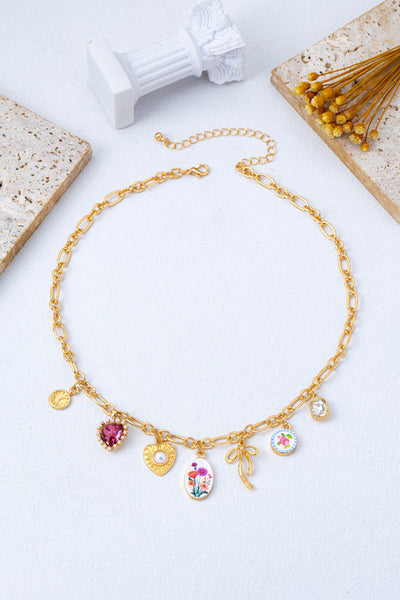 Vintage Bow Porcelain Multi-Charm Link Necklace | 80N93422
