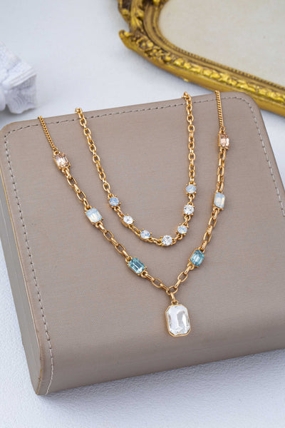 Vintage Pastel Layered Crystal Pendant Necklace Set | 80N93430