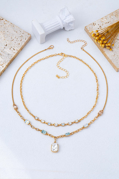 Vintage Pastel Layered Crystal Pendant Necklace Set | 80N93430