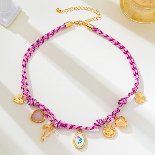 Corded Multi Charm Bow Heart Floral Necklace | 80N93440