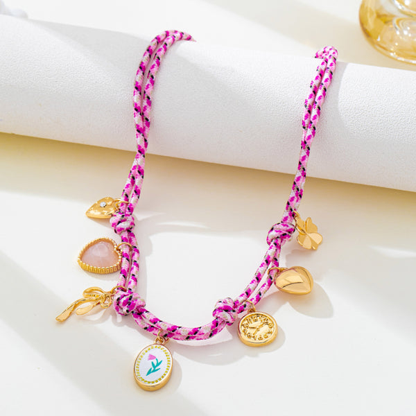 Corded Multi Charm Bow Heart Floral Necklace | 80N93440