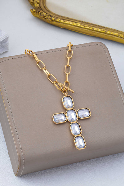 Bezel Set Rhinestone Cross Front Toggle Necklace | 80N93437