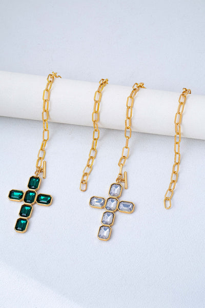 Bezel Set Rhinestone Cross Front Toggle Necklace | 80N93437
