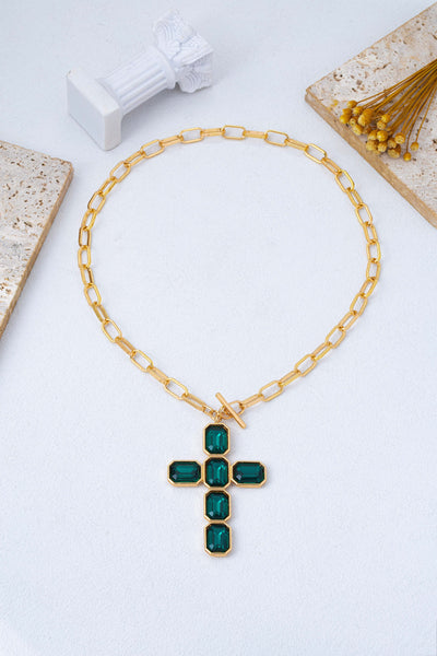 Bezel Set Rhinestone Cross Front Toggle Necklace | 80N93437