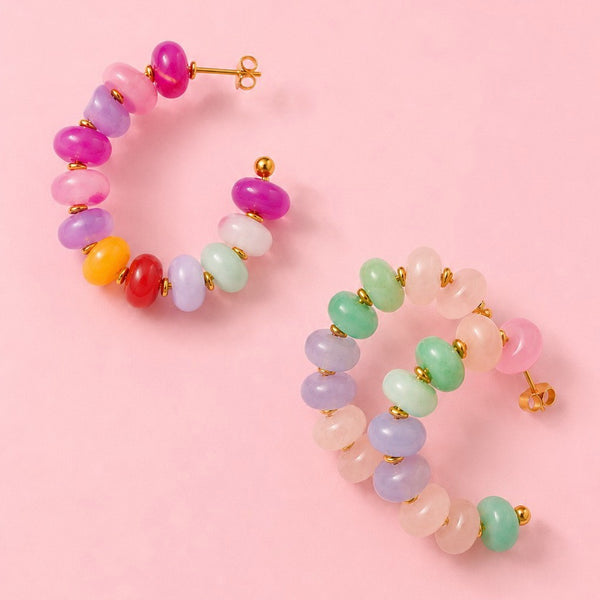 STAINELESS STEEL NATURAL GEMSTONE HOOP EARRINGS | 40E537