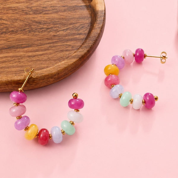 STAINELESS STEEL NATURAL GEMSTONE HOOP EARRINGS | 40E537