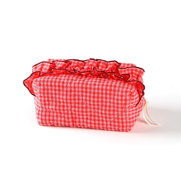 Gingham Ruffled Quilted Cosmetic Bag Pouch | 40P632