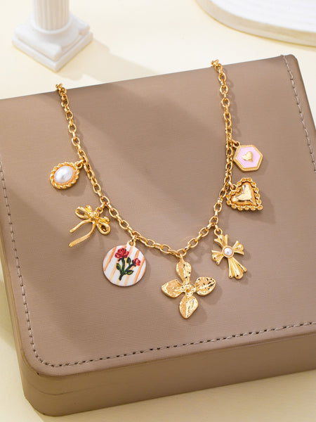 Vintage-Inspired Flower Pearl Cross Heart Charm Necklace | 80N93477