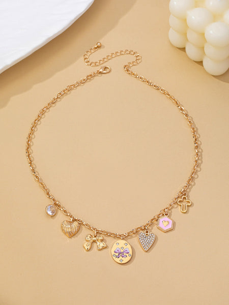 Romantic Flower Rhinestone Heart Bow Charm Necklace | 80N93479