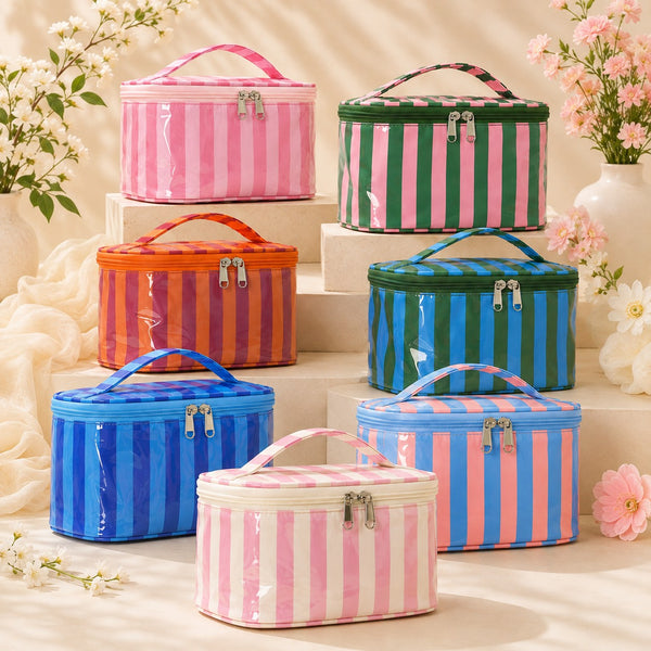 Striped Vinyl Cosmetic Makeup Travel Pouch Bags | 40P637