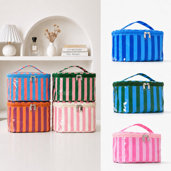 Striped Vinyl Cosmetic Makeup Travel Pouch Bags | 40P637