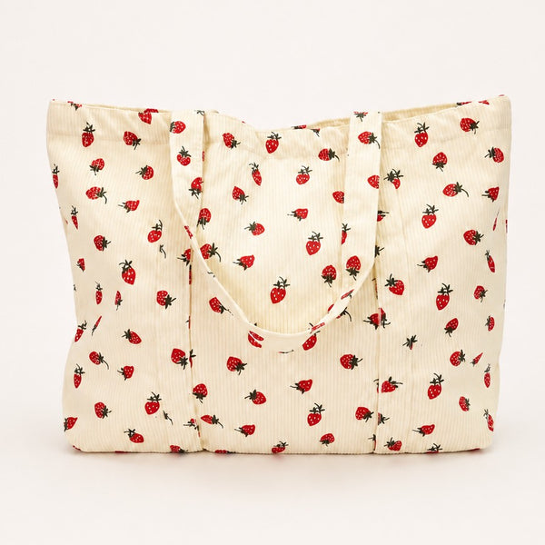 Strawberry Print Corduroy Shoulder Tote Bag | 40P639