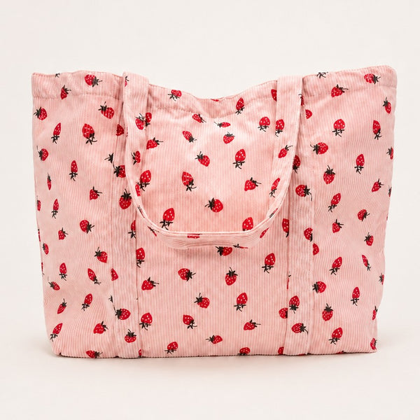 Strawberry Print Corduroy Shoulder Tote Bag | 40P639