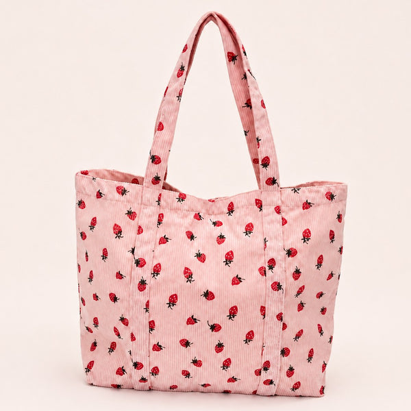Strawberry Print Corduroy Shoulder Tote Bag | 40P639