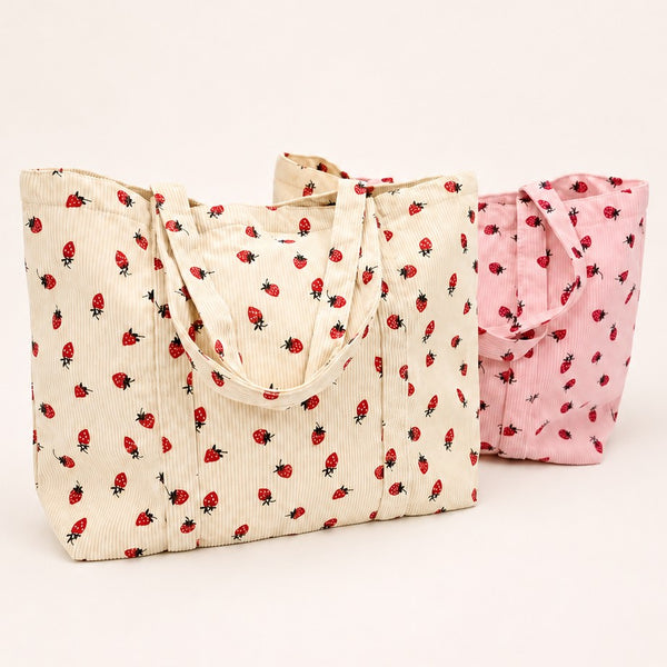 Strawberry Print Corduroy Shoulder Tote Bag | 40P639