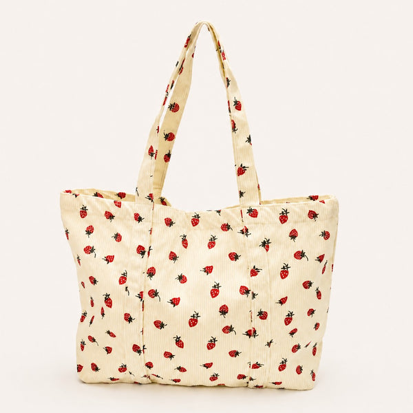 Strawberry Print Corduroy Shoulder Tote Bag | 40P639