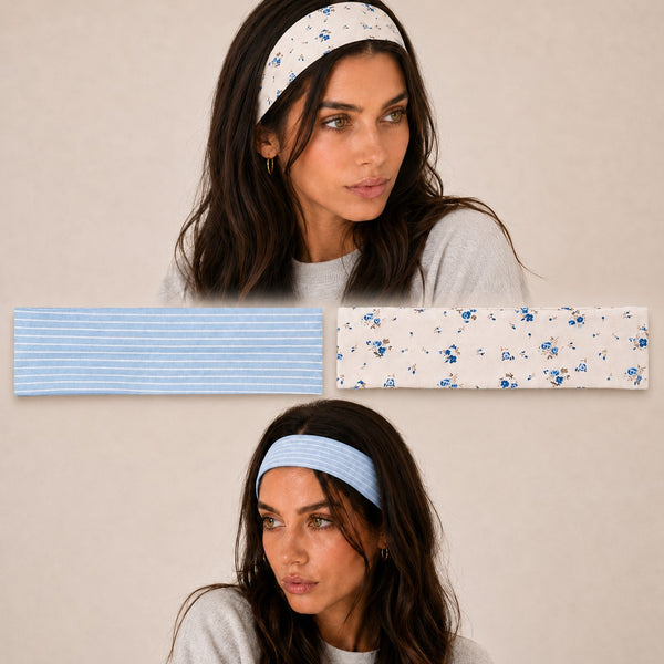 Blue Stripe & Vintage Floral Printed Headband Set | 40HWP602