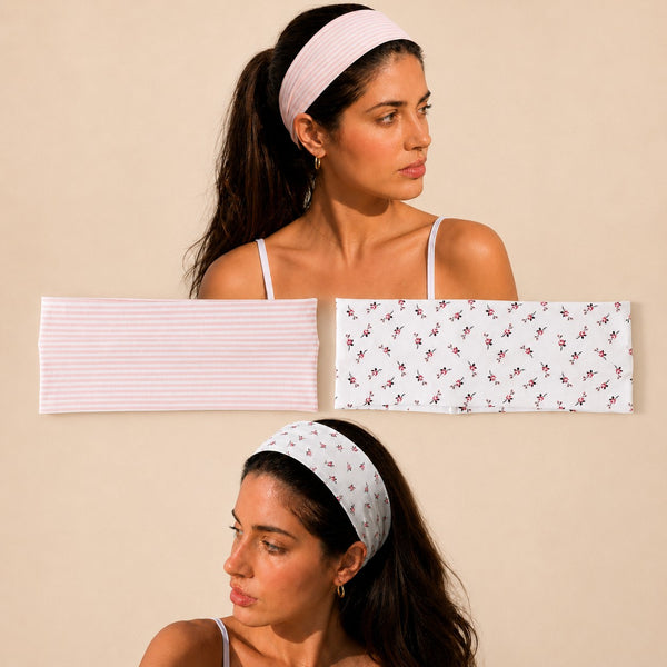 Pink Pinstripe & Floral Printed Headband Set | 40HWP603