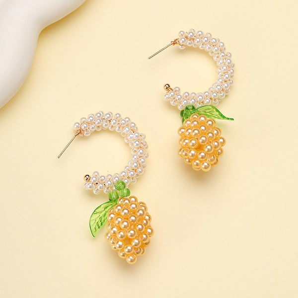 Lemon Cluster Beaded Pearl Hoop Drop Earrings | 40E545