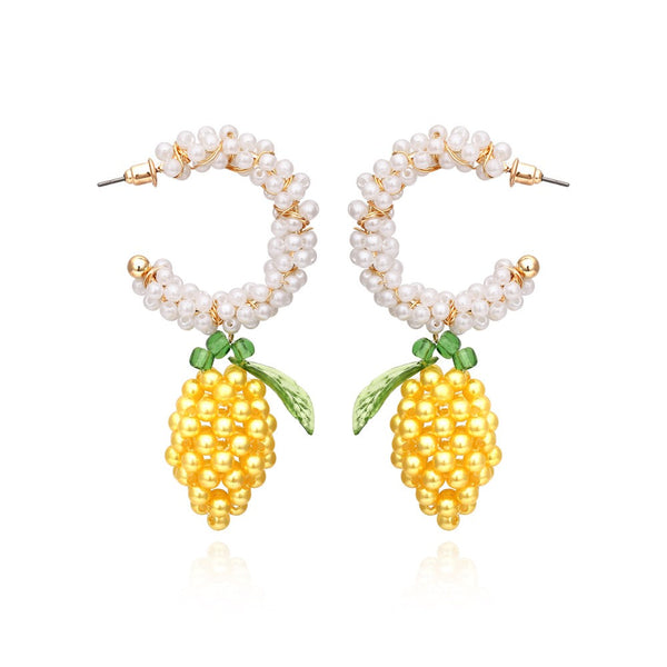 Lemon Cluster Beaded Pearl Hoop Drop Earrings | 40E545