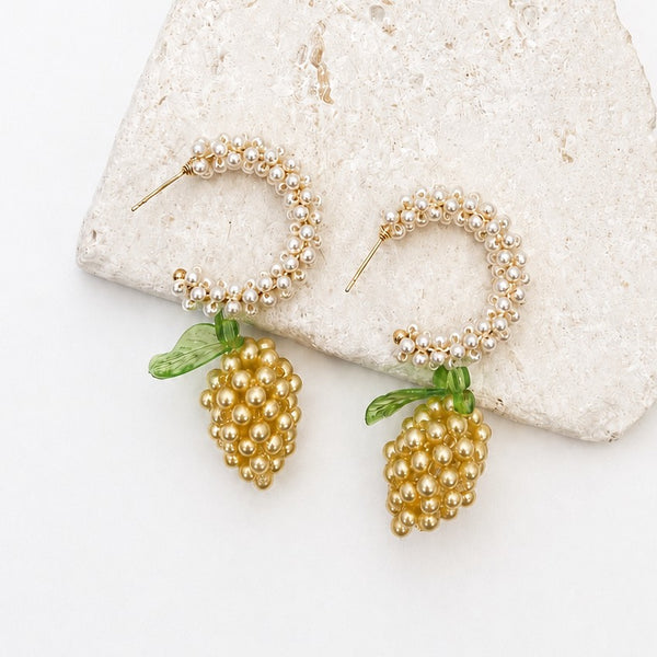 Lemon Cluster Beaded Pearl Hoop Drop Earrings | 40E545