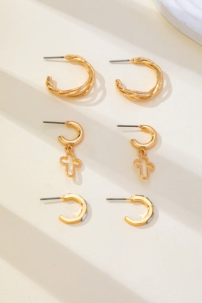 Gold-Tone Cross Baguette Huggie Hoop Earring Trio Set | 80E62865