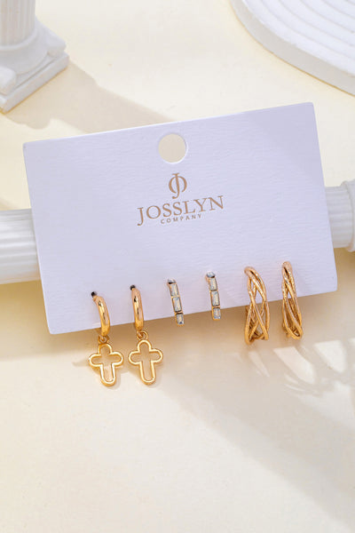 Gold-Tone Cross Baguette Huggie Hoop Earring Trio Set | 80E62865
