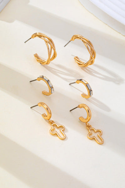 Gold-Tone Cross Baguette Huggie Hoop Earring Trio Set | 80E62865