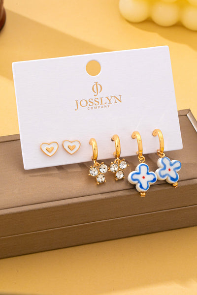 Gold Heart Crystal Cluster Huggie & Floral Hoop Earring Set | 80E62867