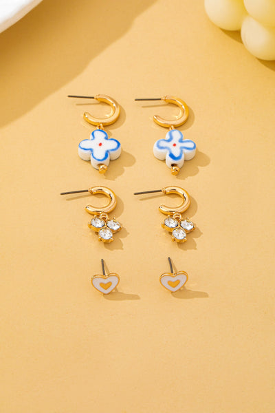 Gold Heart Crystal Cluster Huggie & Floral Hoop Earring Set | 80E62867