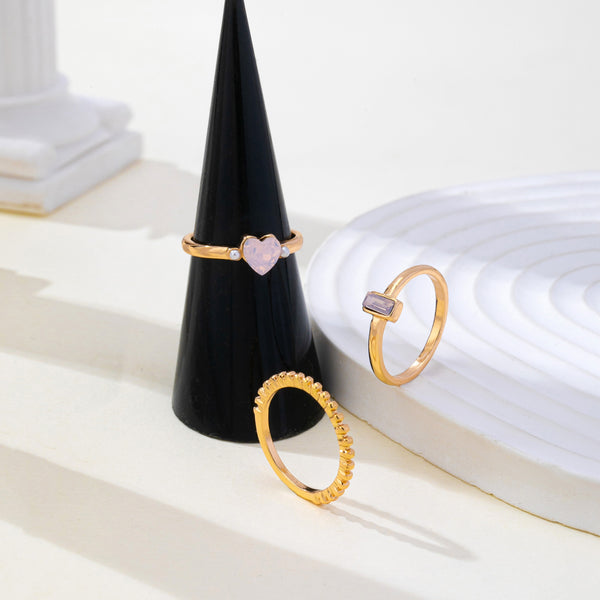 Milky Pink Opal Baguette Heart 3-Piece Ring Set | 80R300