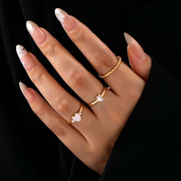 Milky Pink Opal Baguette Heart 3-Piece Ring Set | 80R300