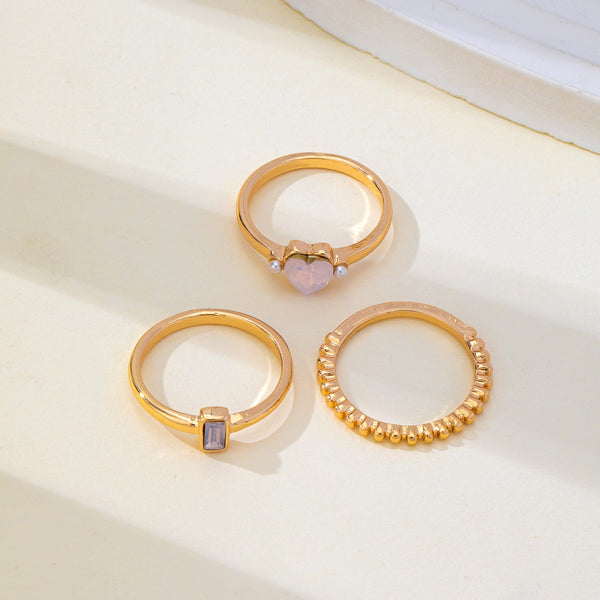 Milky Pink Opal Baguette Heart 3-Piece Ring Set | 80R300