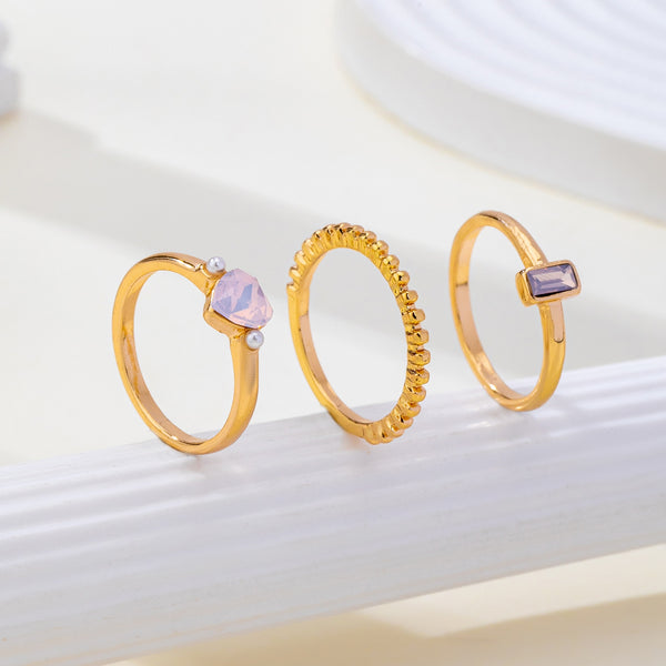 Milky Pink Opal Baguette Heart 3-Piece Ring Set | 80R300