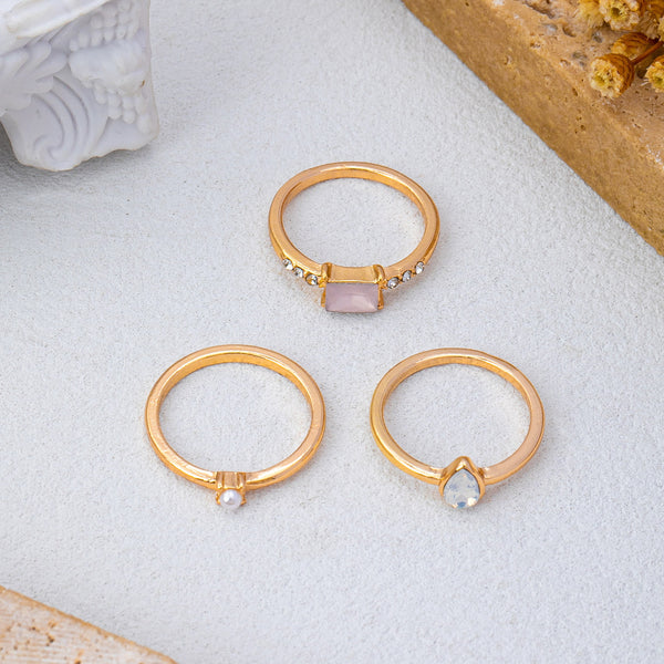 Milky Pink Opal Baguette Teardrop 3-piece Ring Set | 80R301