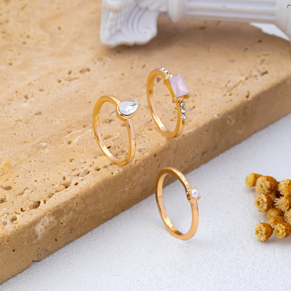 Milky Pink Opal Baguette Teardrop 3-piece Ring Set | 80R301