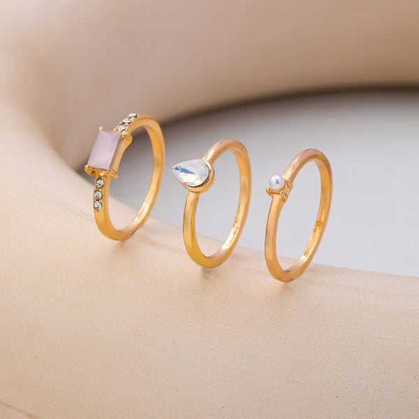 Milky Pink Opal Baguette Teardrop 3-piece Ring Set | 80R301