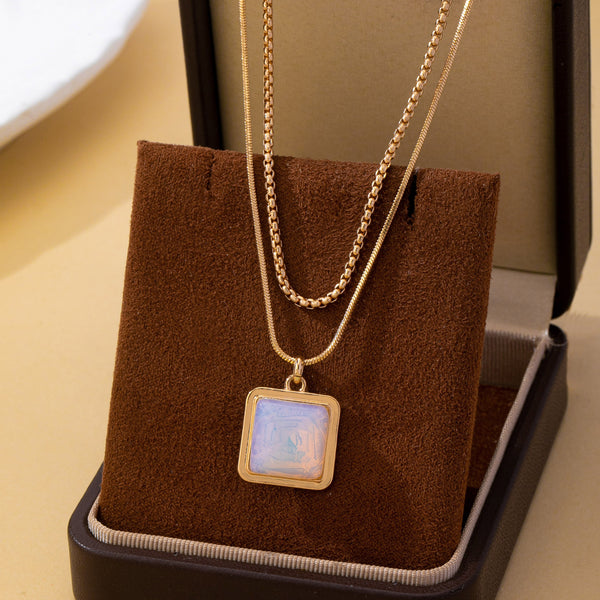 Layered Square Opal Pendant Necklace | 80N93582