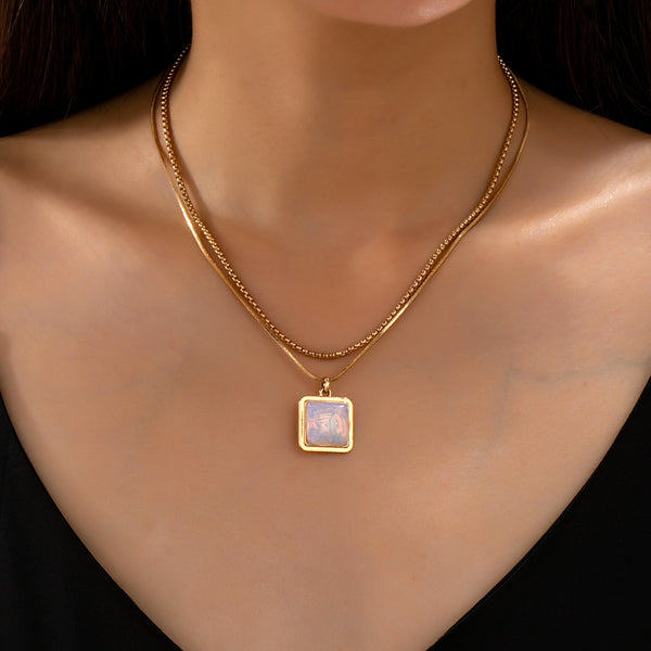 Layered Square Opal Pendant Necklace | 80N93582