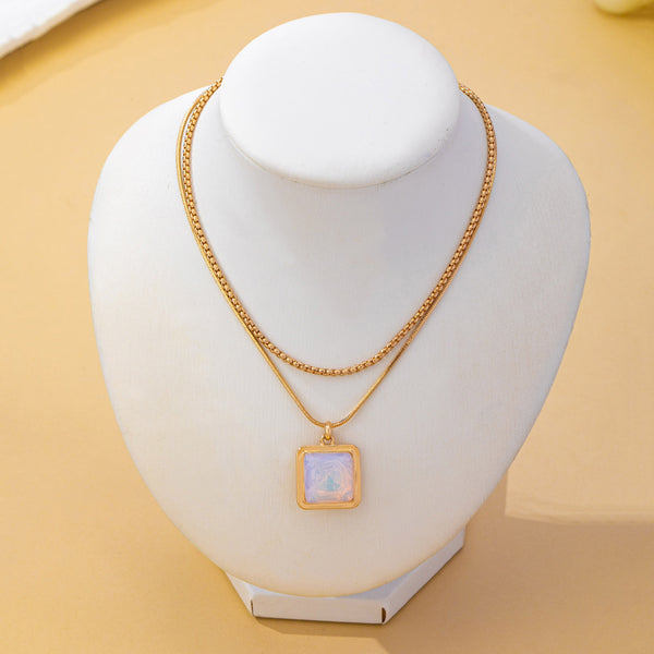 Layered Square Opal Pendant Necklace | 80N93582