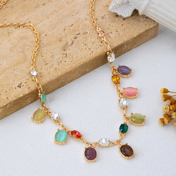 Multi-Color Oval Cat's Eye & Crystal Necklace | 80N93581