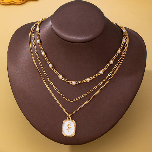 Layered Enamel Pearl & Rose Tag Pendant Necklace | 80N93573