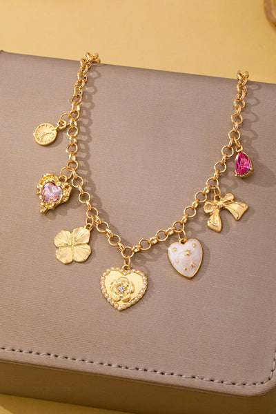 Vintage-Inspired Floral Heart Stone Station Charm Necklace | 80N93571