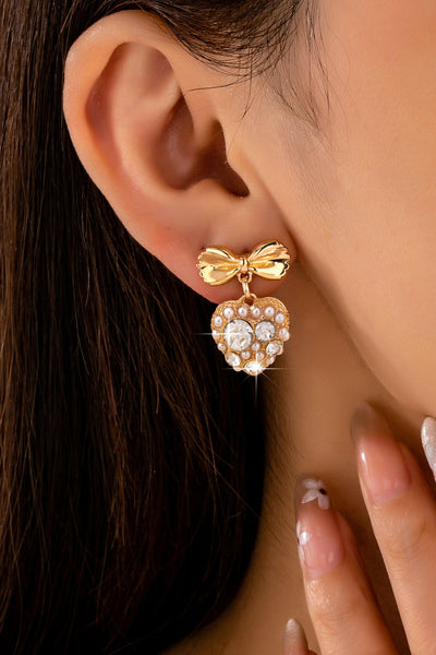 Romantic Crystal Pearl Bow Dangle Earrings | 80E62995